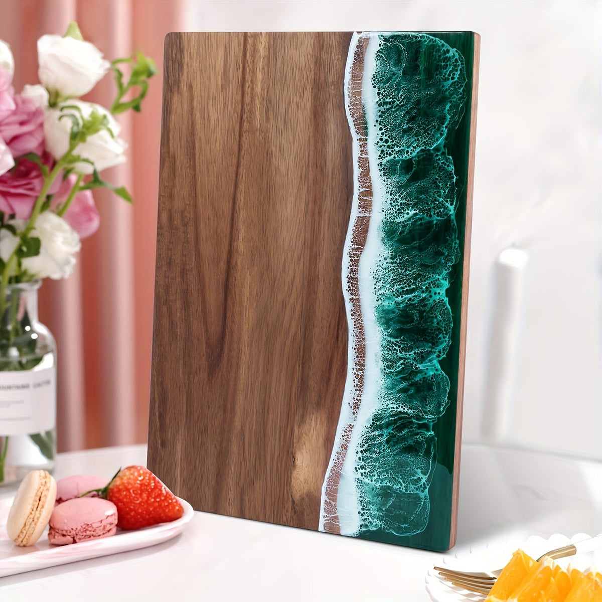 Rectangular wood-grain cutting board with an ocean-inspired resin wave edge