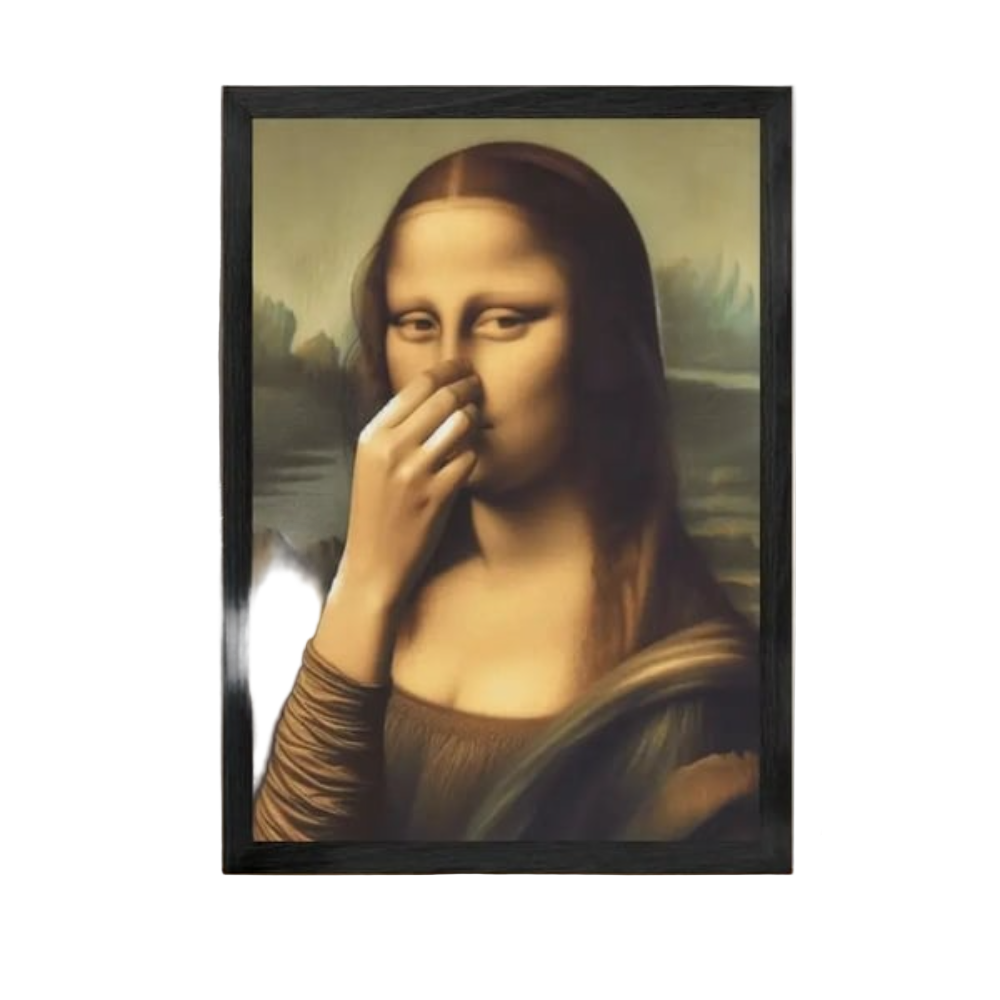 Framed humorous Mona Lisa portrait wall art with a black textured frame