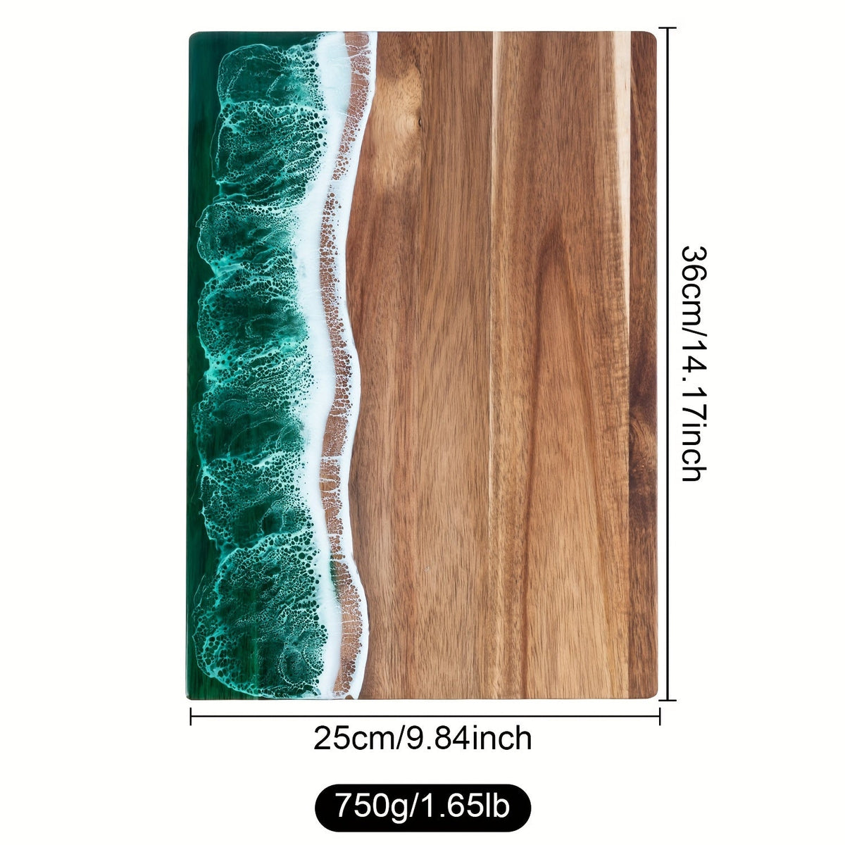 Rectangular wood-grain cutting board with an ocean-inspired resin wave edge