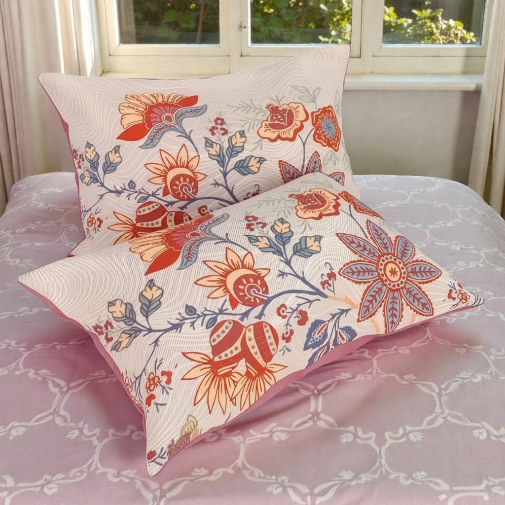 Beige floral boho pillowcases with colourful botanical pattern