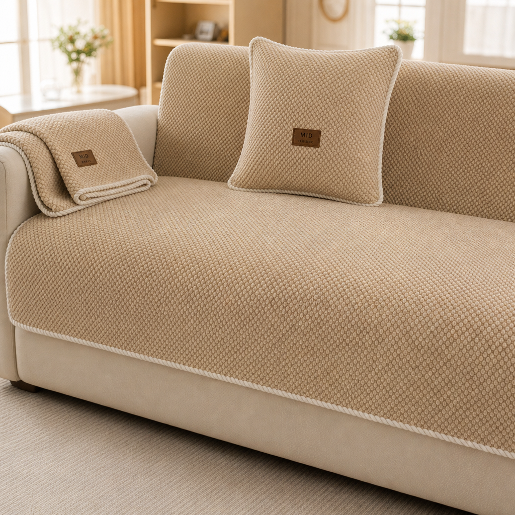 Textured modular sofa cover fitted across living room seating