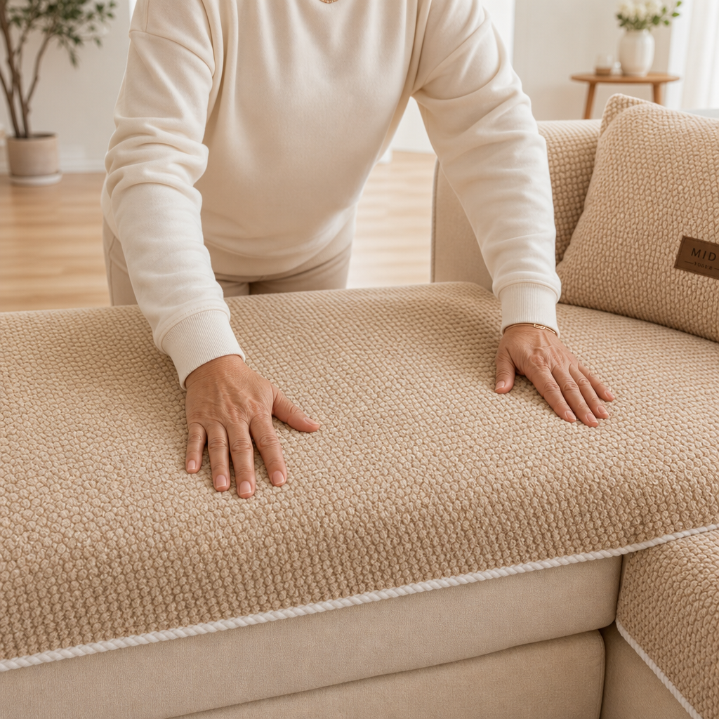 Textured modular sofa cover fitted across living room seating