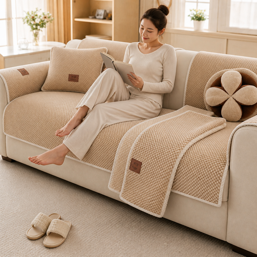 Textured modular sofa cover fitted across living room seating