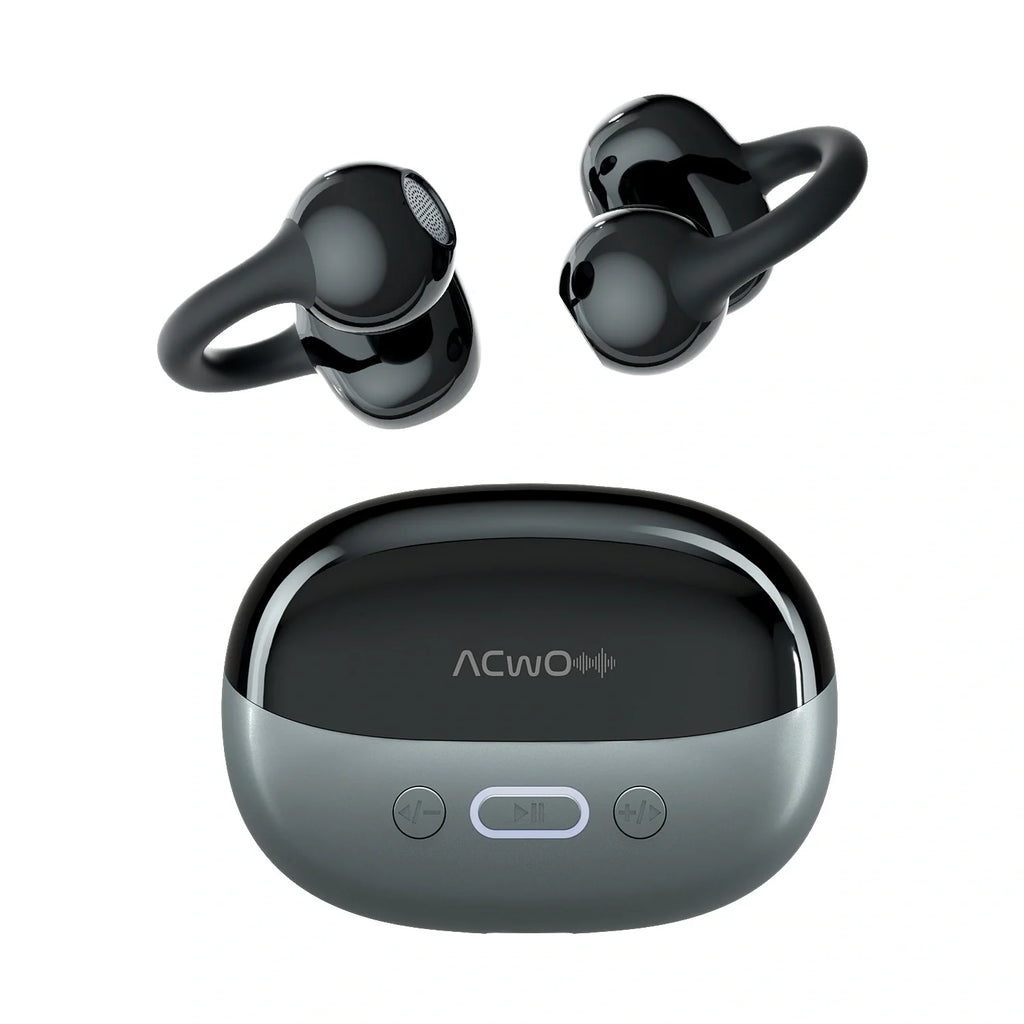 True wireless earbuds with open ear hooks and matching charging case