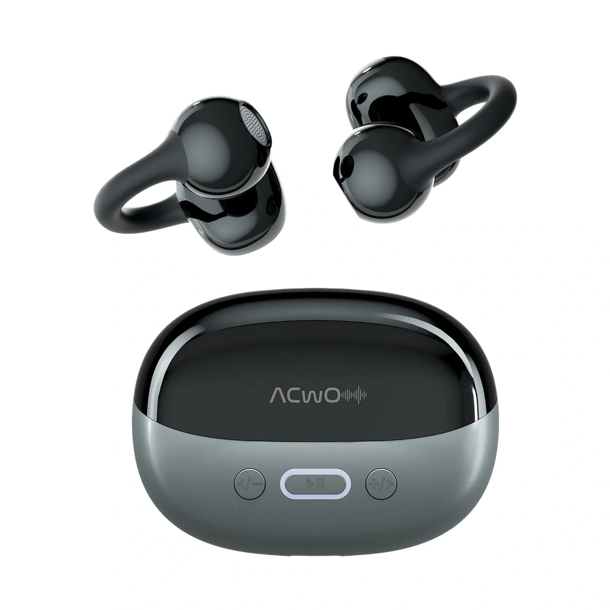 True wireless earbuds with curved ear hooks in an open charging case