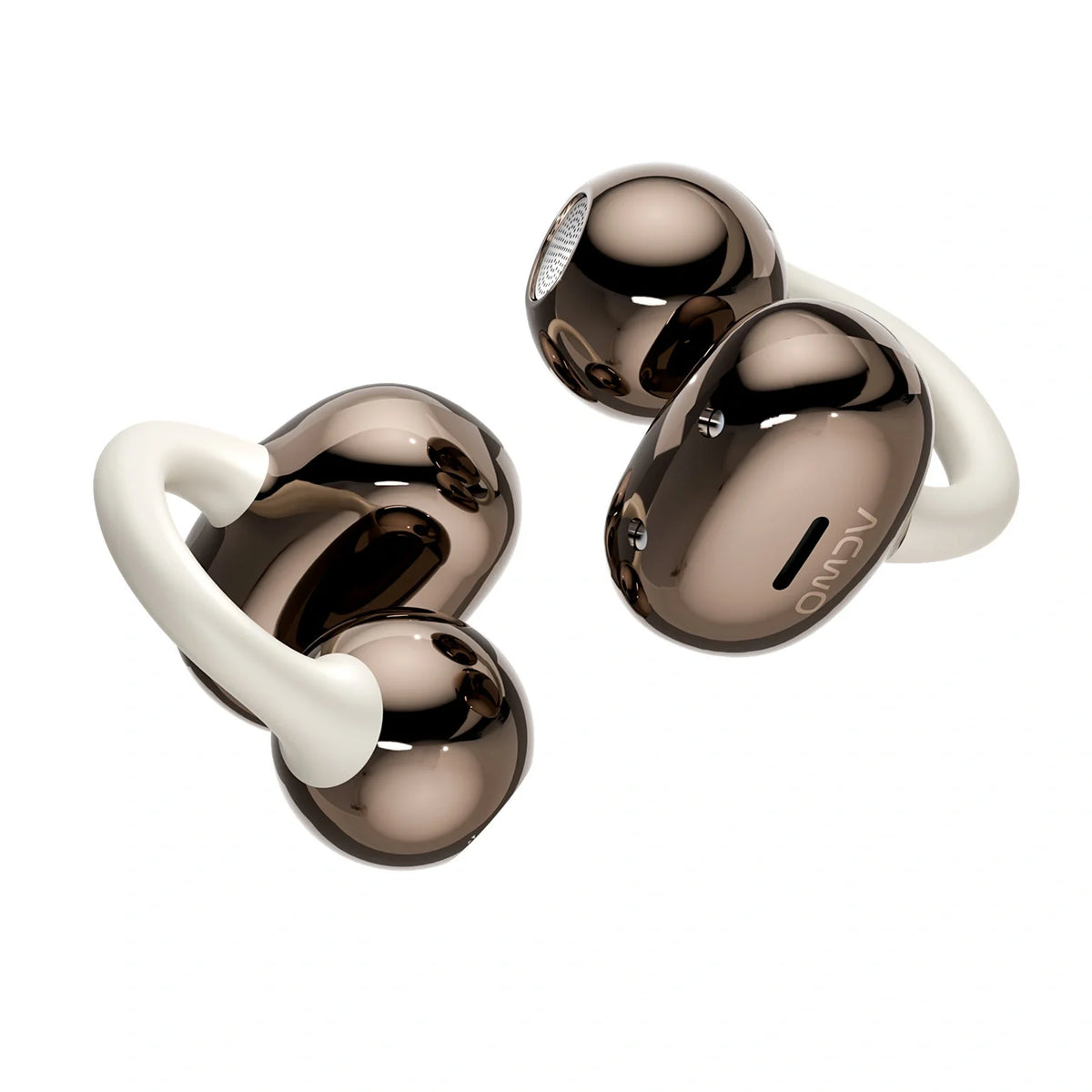 True wireless earbuds with open ear hooks and matching charging case