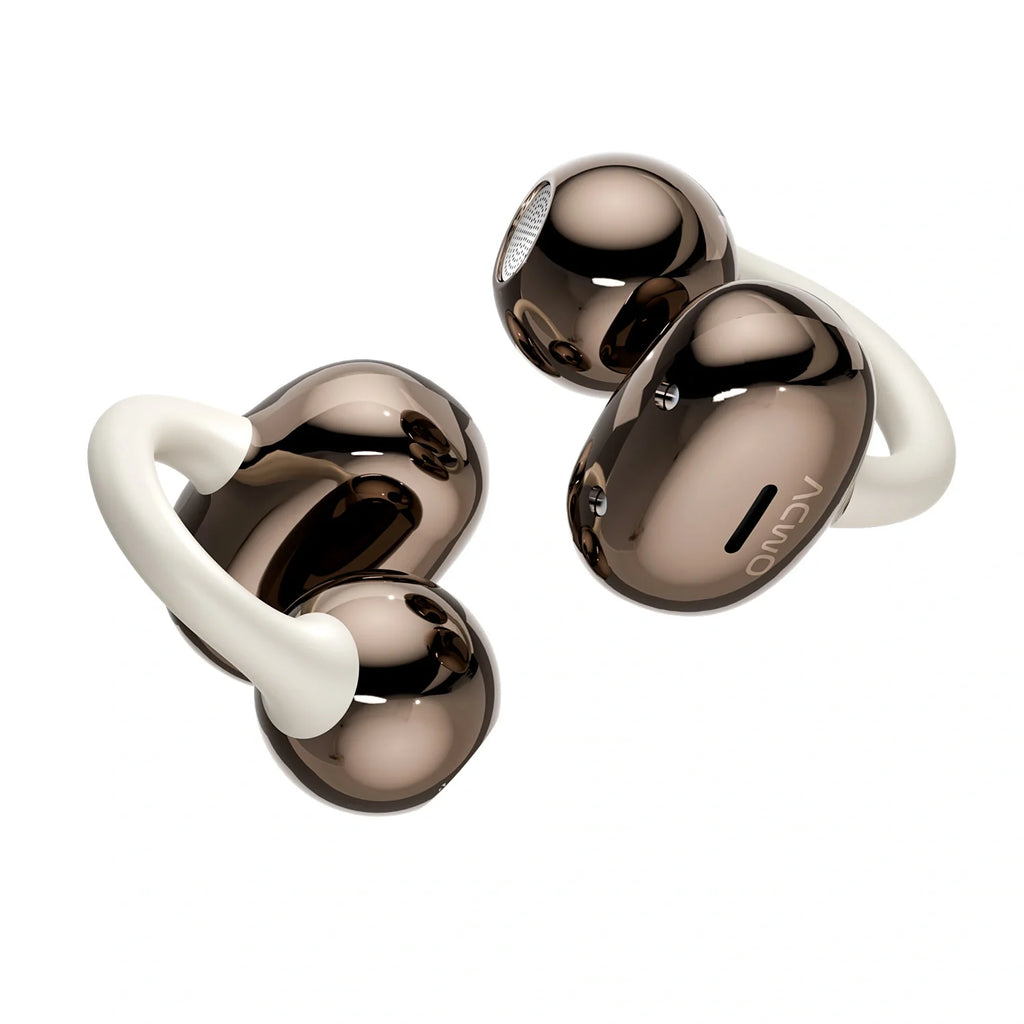 True wireless earbuds with curved ear hooks in an open charging case