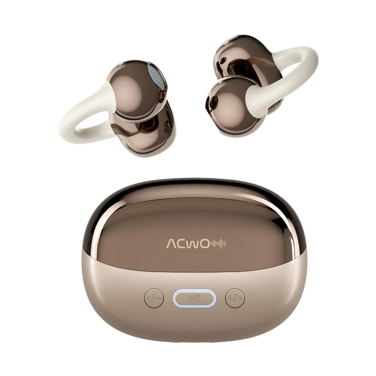 True wireless earbuds with open ear hooks and matching charging case