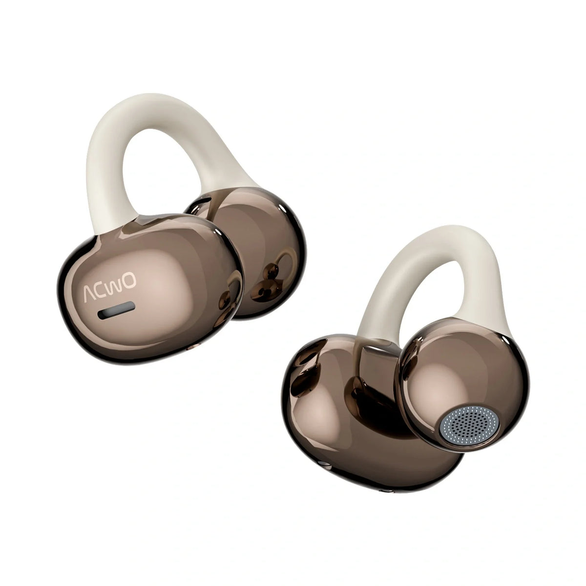 True wireless earbuds with open ear hooks and matching charging case