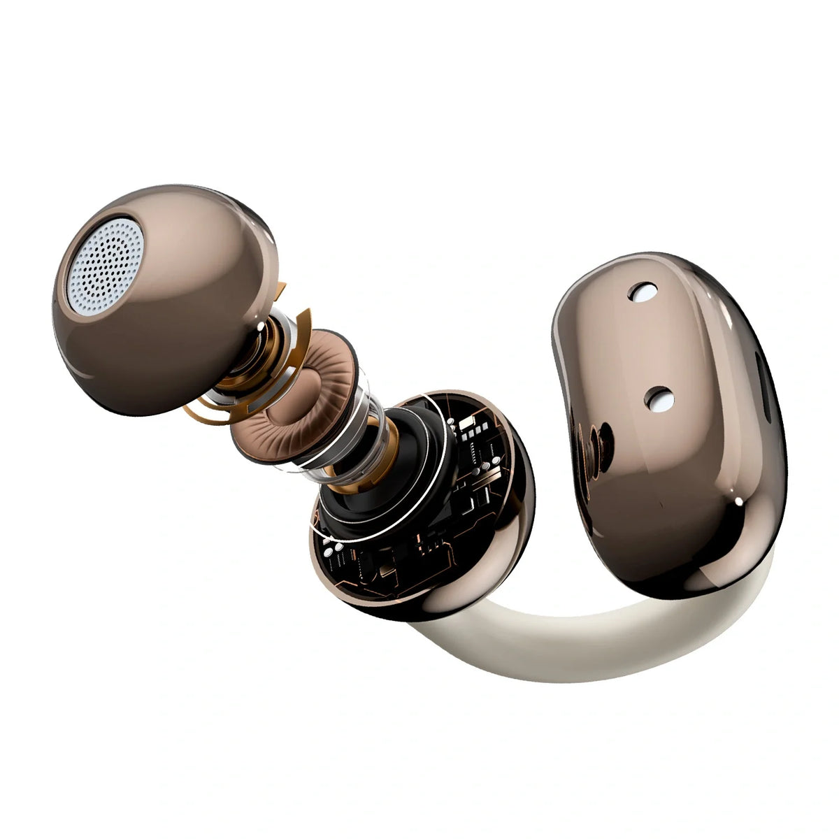True wireless earbuds with curved ear hooks in an open charging case