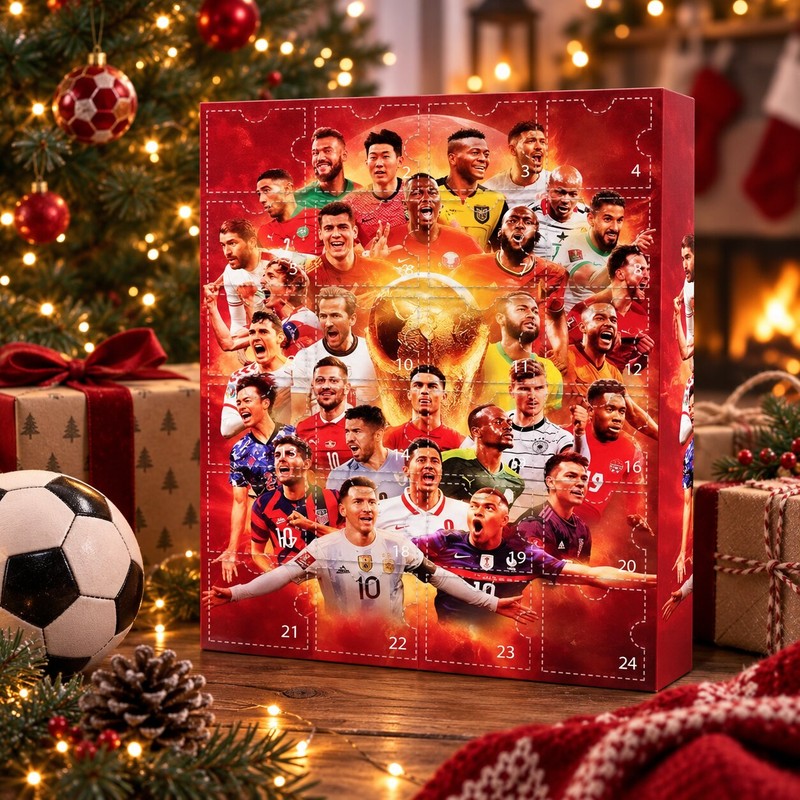 Red football advent calendar with 24 numbered doors