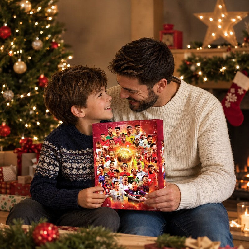 Red football advent calendar with 24 numbered doors