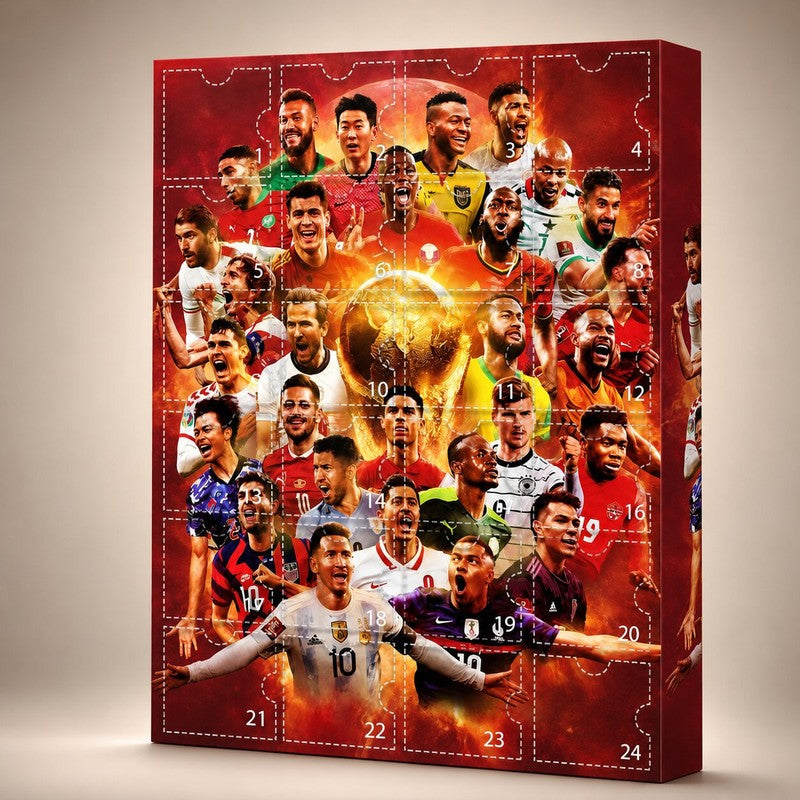 Red football advent calendar with 24 numbered doors