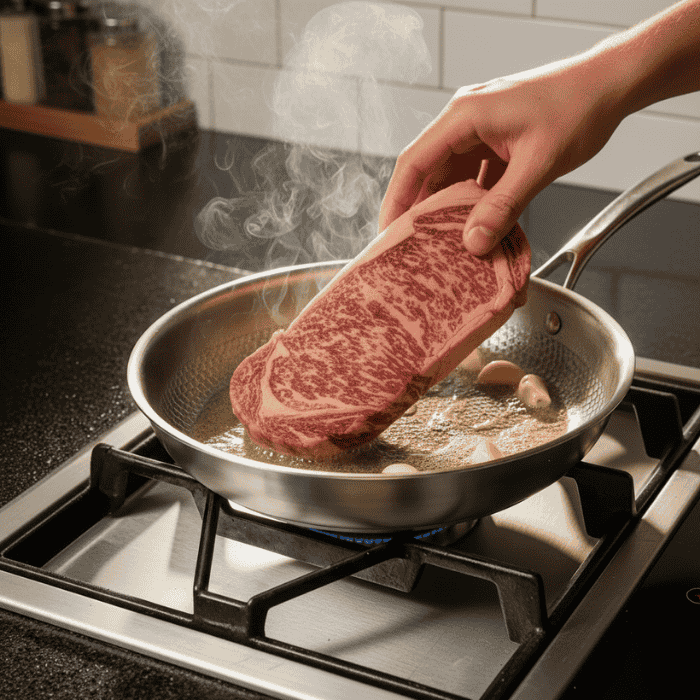 Silver uncoated titanium frying pan with long handle on a hob
