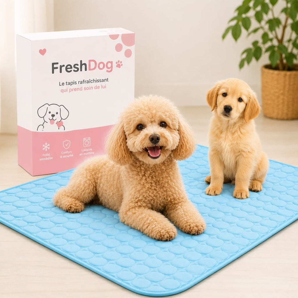 Quilted cooling dog mat on an indoor floor