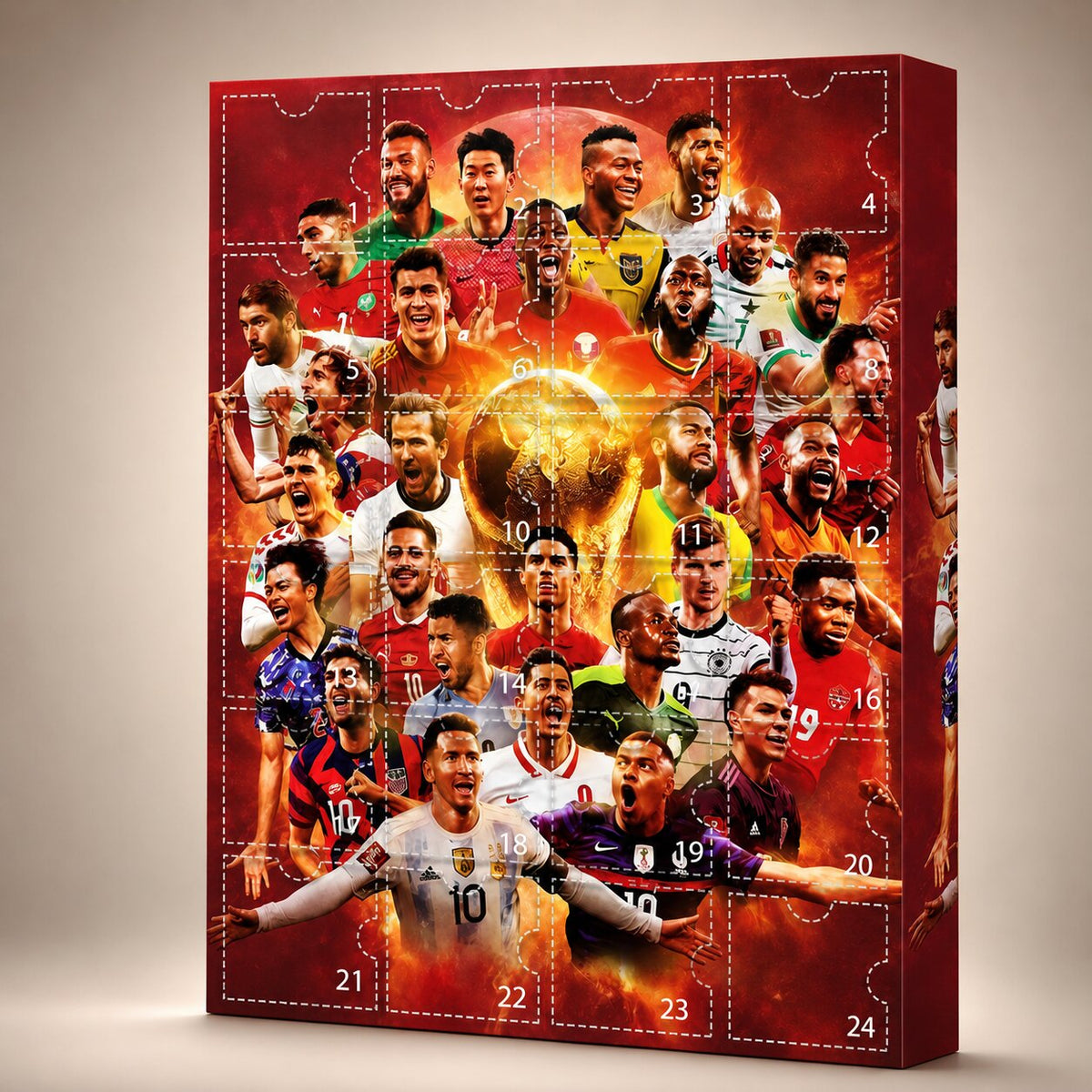 Red football advent calendar with 24 numbered doors and trophy design