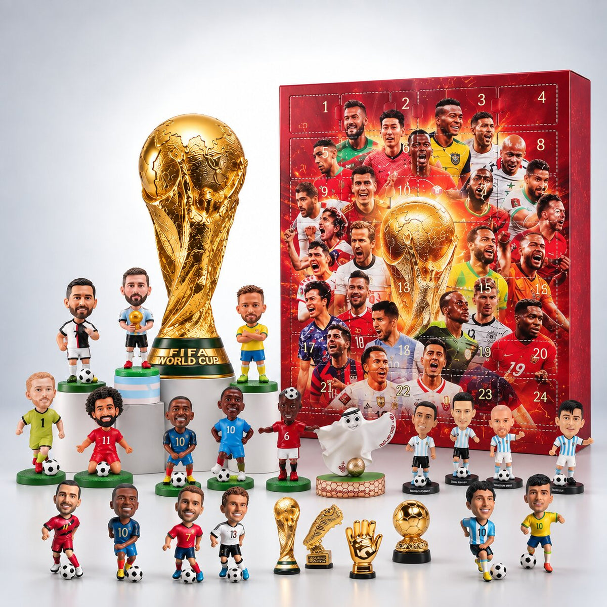 Red football advent calendar with 24 numbered doors and trophy design