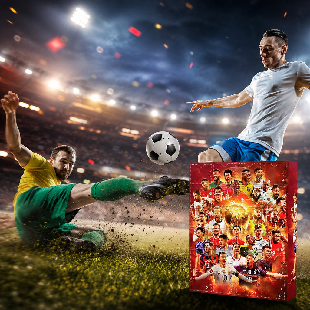 Red football advent calendar with 24 numbered doors and trophy design