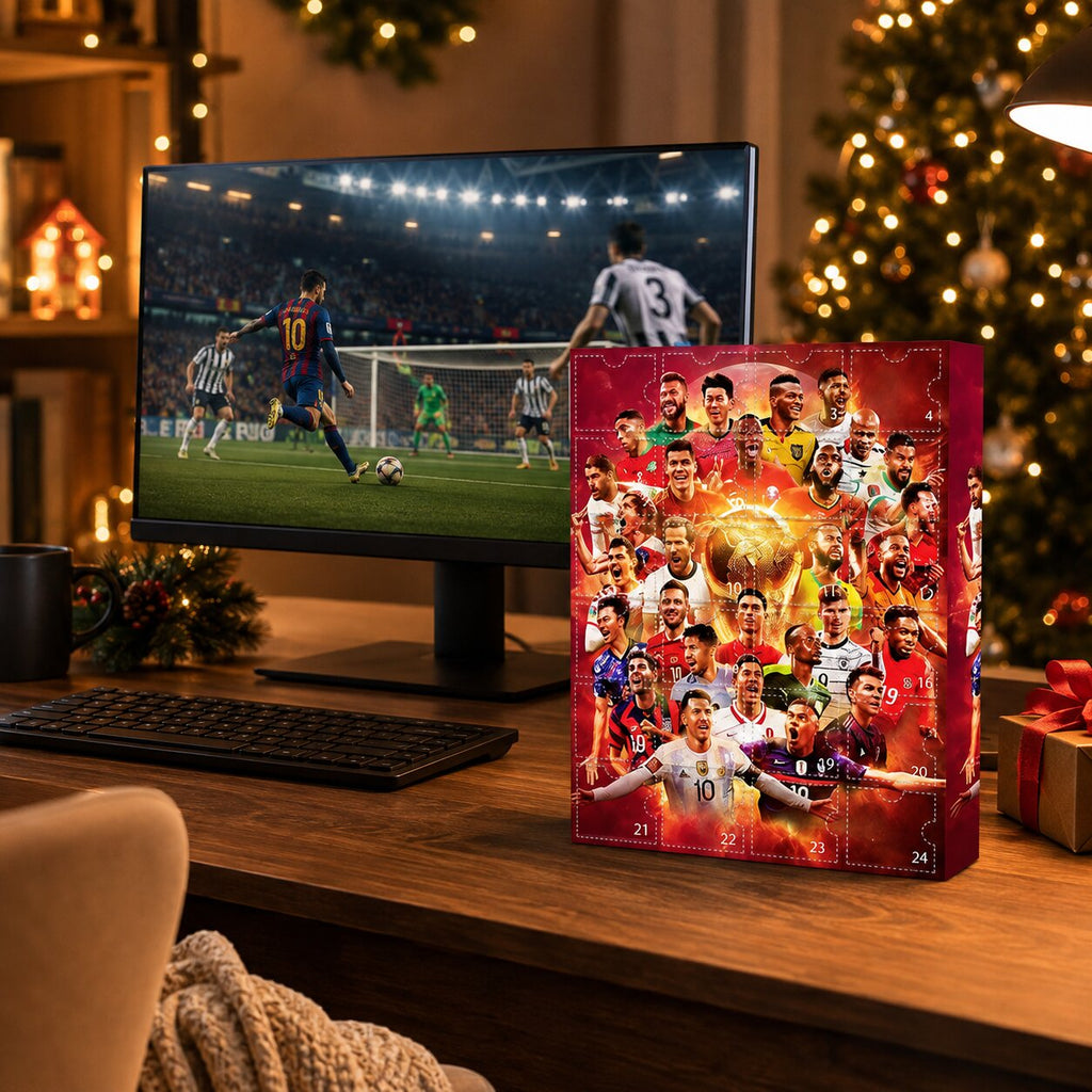 Red football advent calendar with 24 numbered doors and trophy design