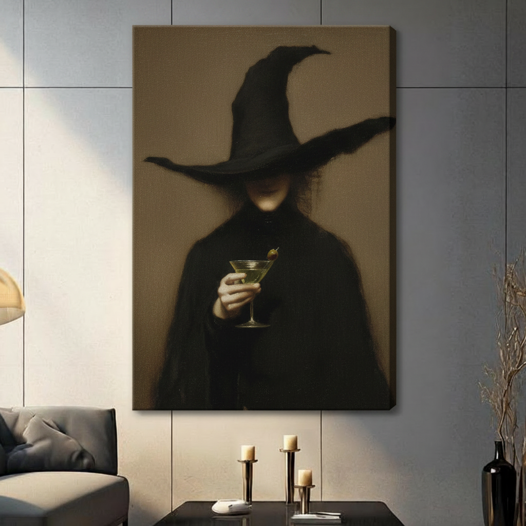 Gothic witch holding a martini canvas wall art in black and brown