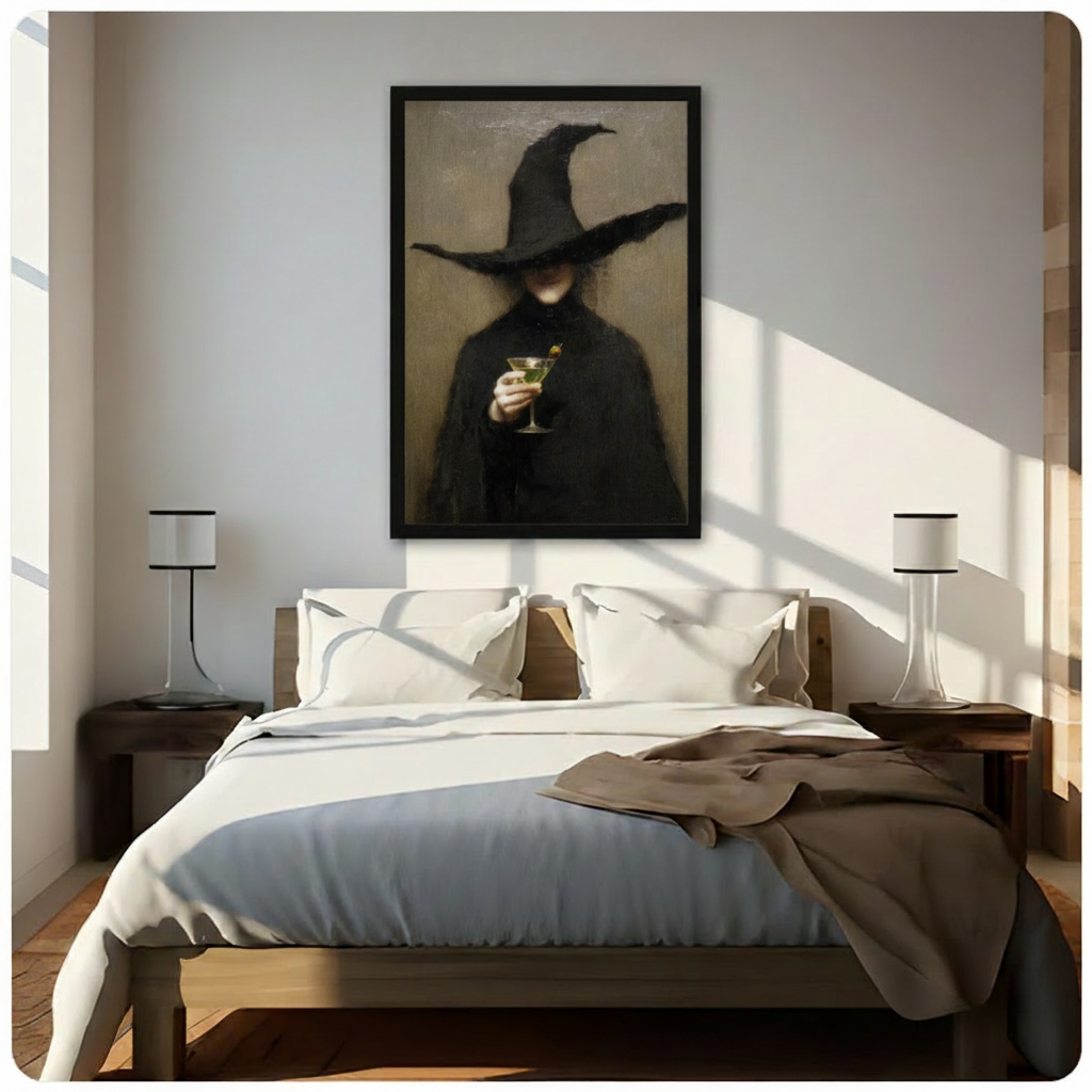 Gothic witch holding a martini canvas wall art in black and brown