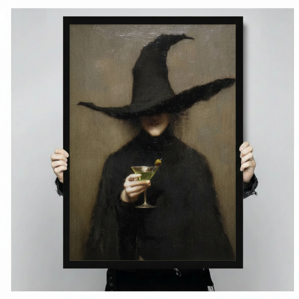 Gothic witch holding a martini canvas wall art in black and brown