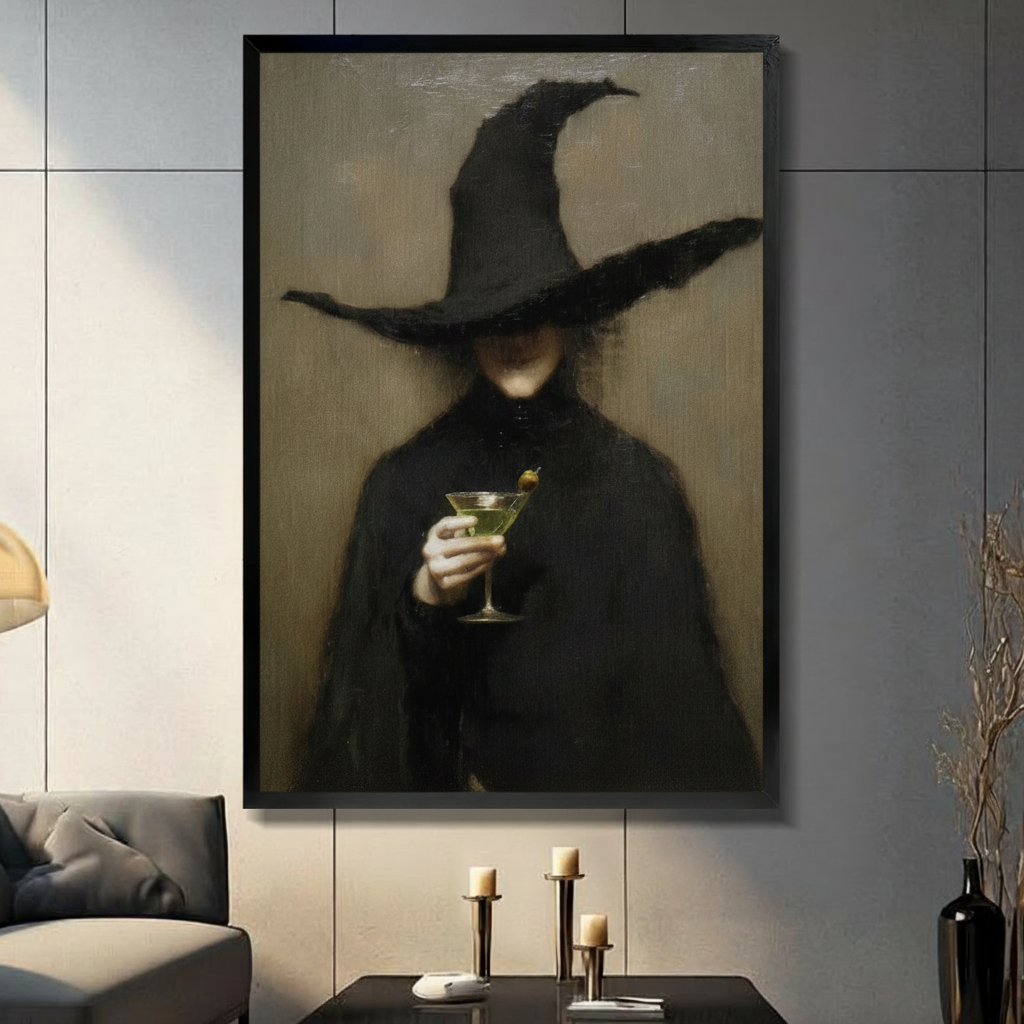 Gothic witch holding a martini canvas wall art in black and brown