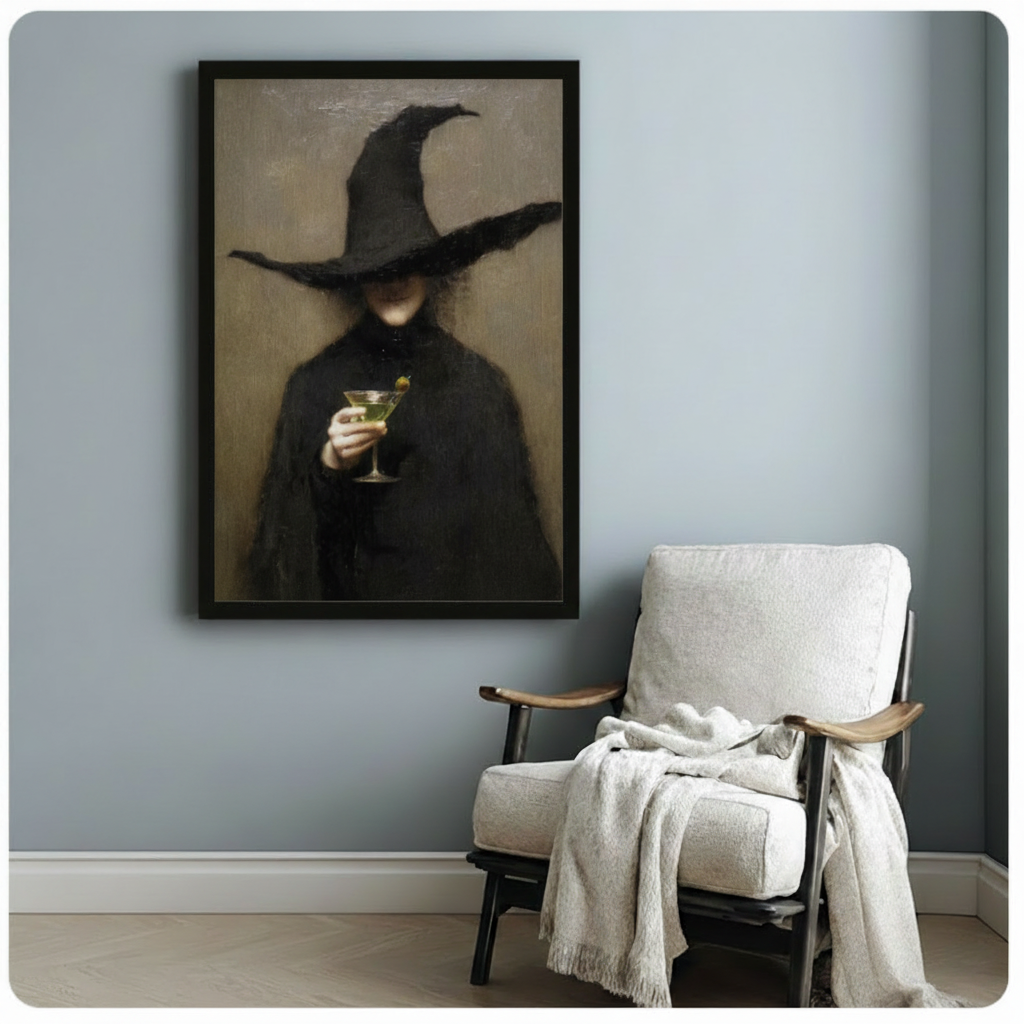 Gothic witch holding a martini canvas wall art in black and brown