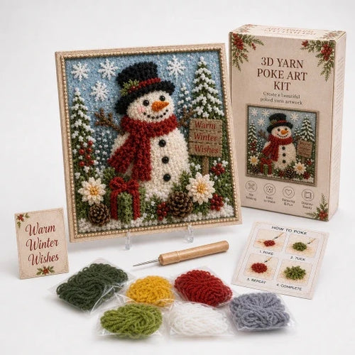 Pre-punched 3D Christmas yarn art kit with coloured yarn, wooden poking tool and instructions