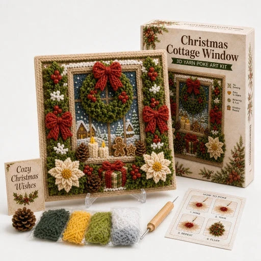 Pre-punched 3D Christmas yarn art kit with coloured yarn, wooden poking tool and instructions