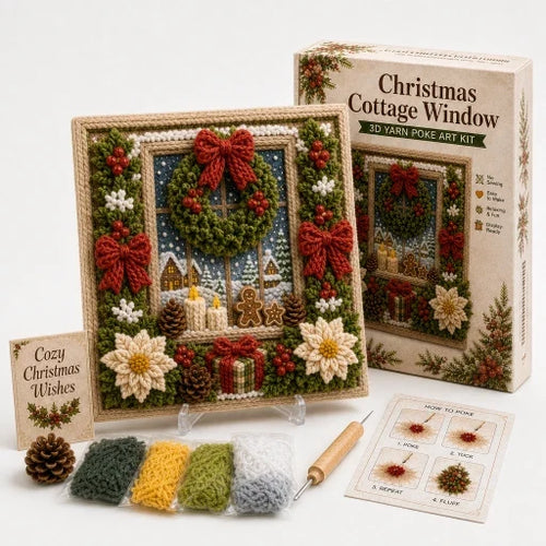 Pre-punched 3D Christmas yarn art kit with coloured yarn, wooden poking tool and instructions
