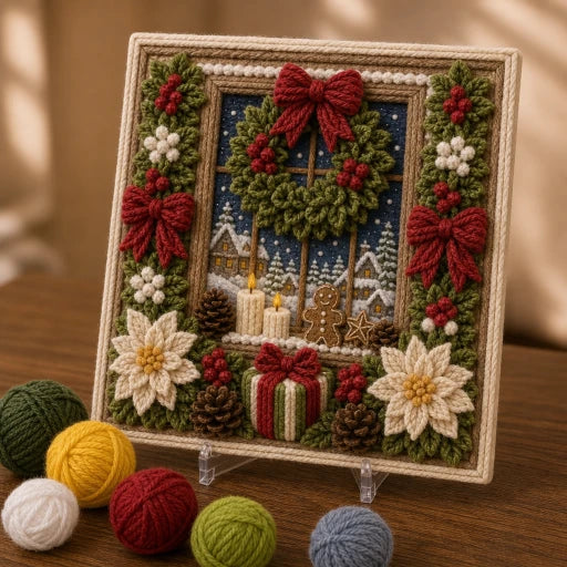 Pre-punched 3D Christmas yarn art kit with coloured yarn, wooden poking tool and instructions