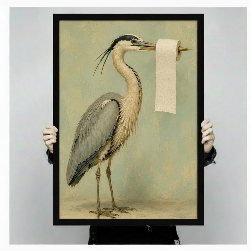 Vintage heron canvas wall art with a toilet roll detail