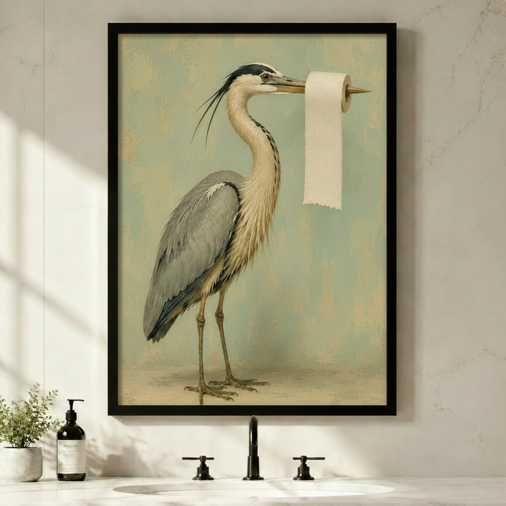 Vintage heron canvas wall art with a toilet roll detail