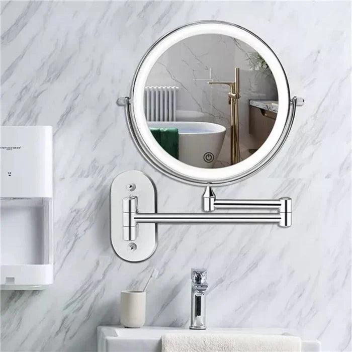 Round wall mounted LED magnifying mirror with adjustable arm