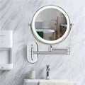 Round wall mounted LED magnifying mirror with adjustable arm
