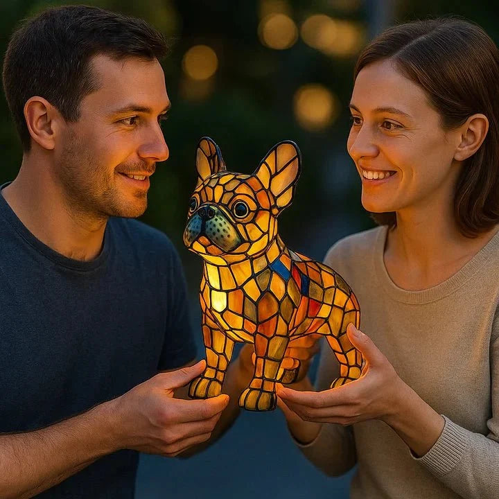 Illuminated dog-shaped table lamp with multicoloured mosaic-effect detailing