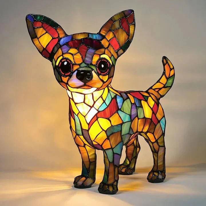 Illuminated dog-shaped table lamp with multicoloured mosaic-effect detailing