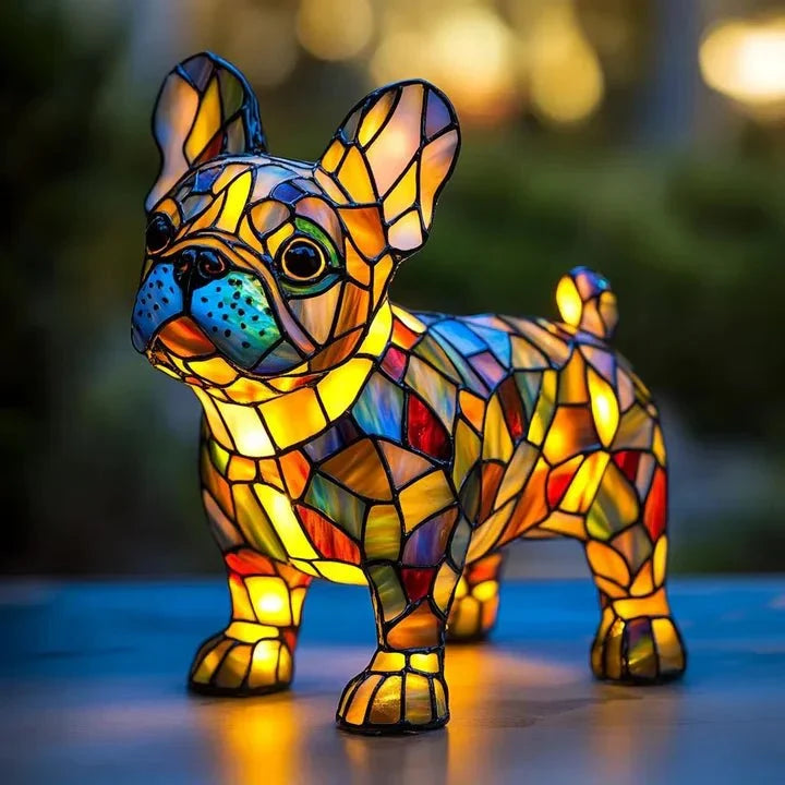 Illuminated dog-shaped table lamp with multicoloured mosaic-effect detailing