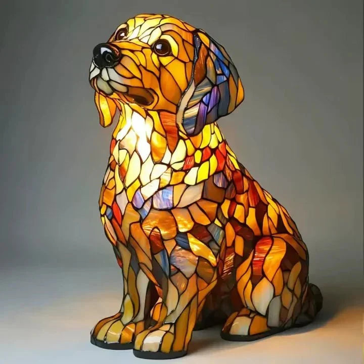 Illuminated dog-shaped table lamp with multicoloured mosaic-effect detailing