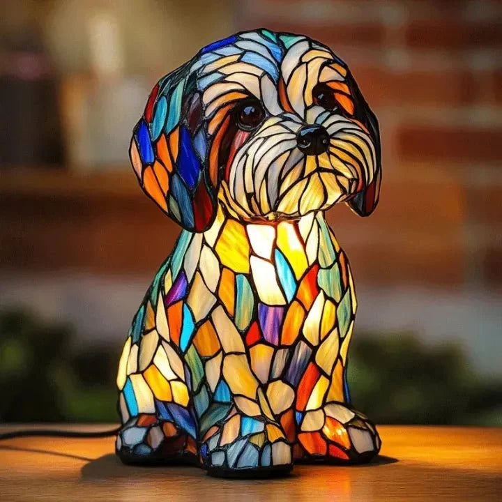 Illuminated dog-shaped table lamp with multicoloured mosaic-effect detailing