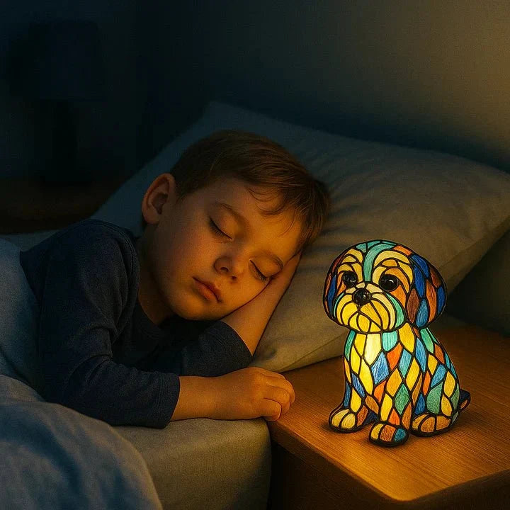 Illuminated dog-shaped table lamp with multicoloured mosaic-effect detailing