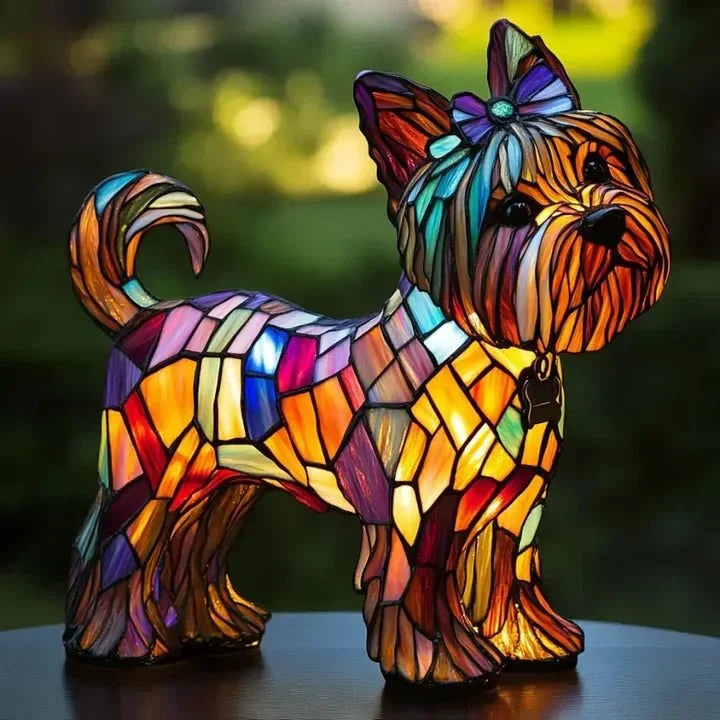 Illuminated dog-shaped table lamp with multicoloured mosaic-effect detailing