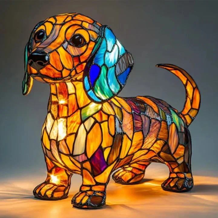 Illuminated dog-shaped table lamp with multicoloured mosaic-effect detailing