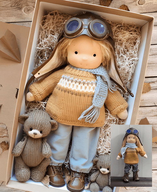 Handmade Waldorf doll in knitted clothing with soft features and character accessories