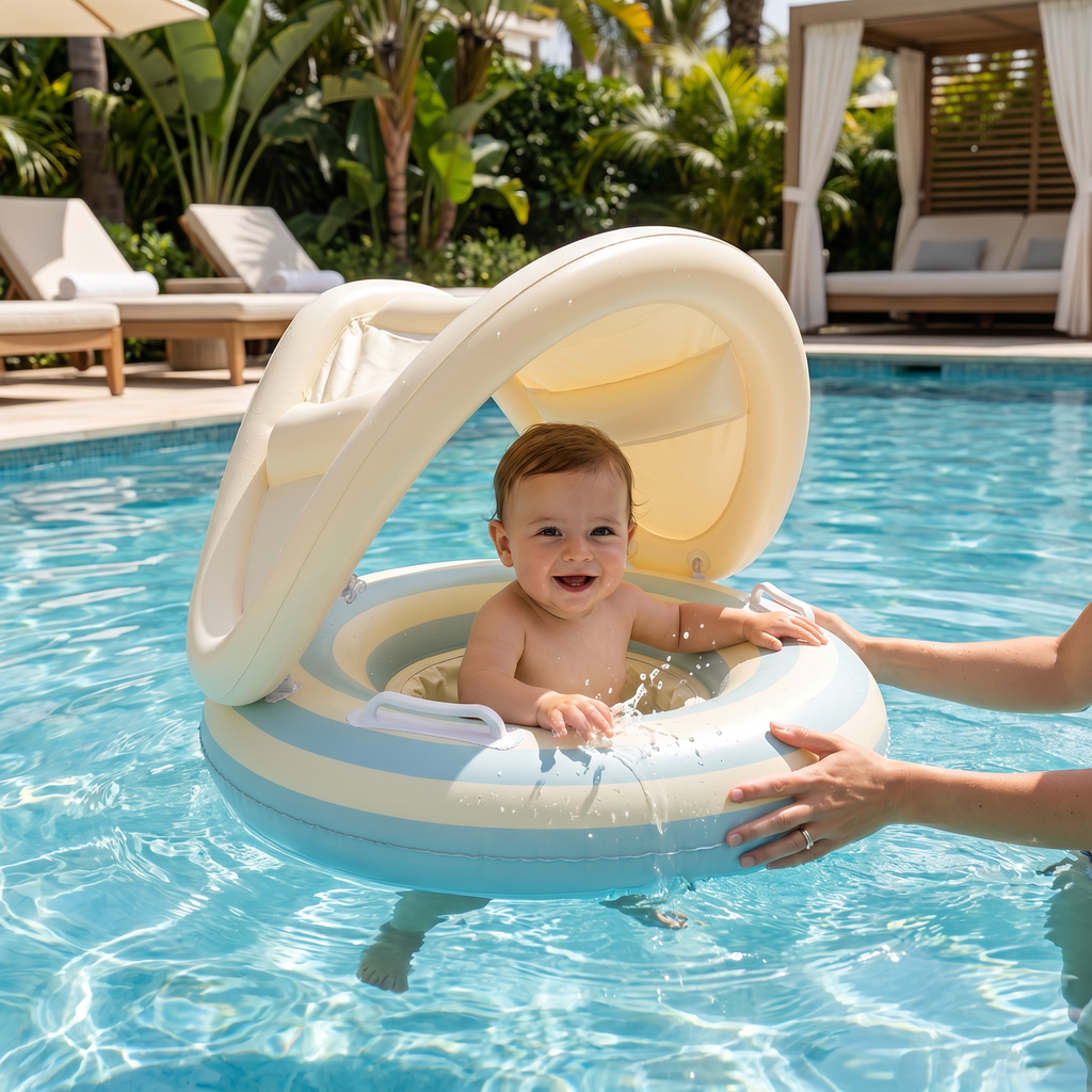 Inflatable baby swimming float with sun canopy and backrest