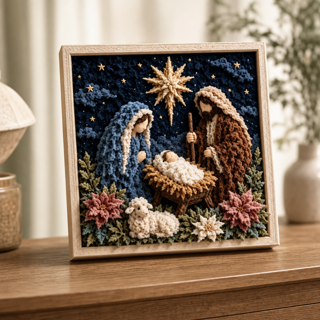 Framed 3D fabric religious wall art with textured figures flowers and foliage