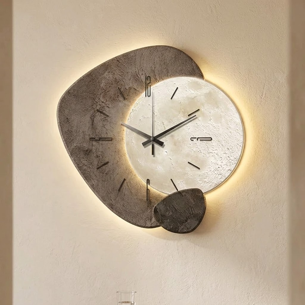 Layered grey decorative wall clock with warm backlight and stone-texture finish