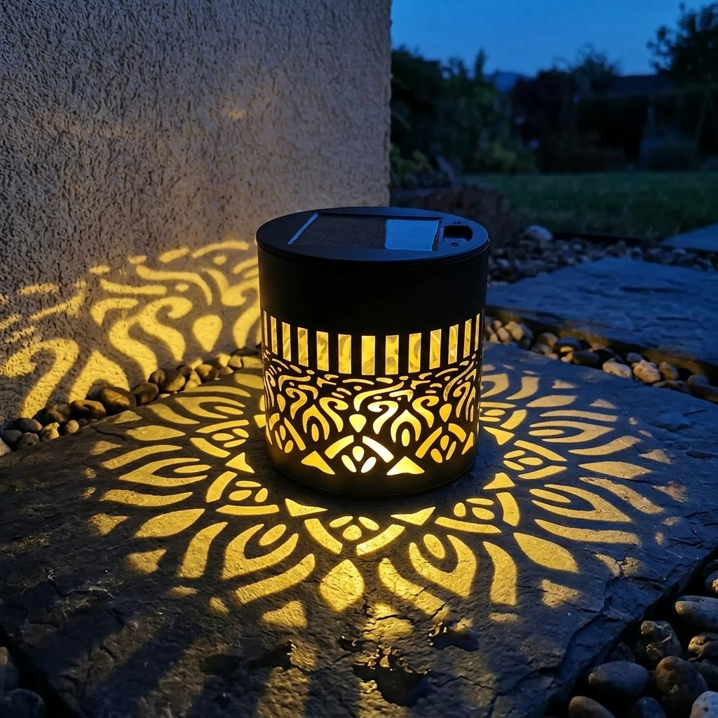 Black solar mandala projector light casting a geometric pattern outdoors