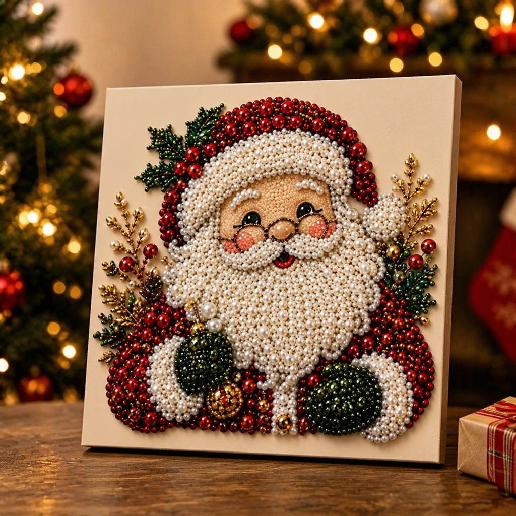Beaded Christmas canvas wall art with Santa and reindeer designs